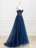 Blue Spaghetti Strap Tulle Sequins Long Prom Dress, Beautiful A-Line Evening Party Dress HZ0429