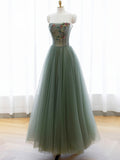 A-Line Green Tulle Long Prom Dress, Off the Shoulder Evening Party Dress HZ0429
