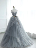 Gray Strapless Tulle Lace Long Prom Dress, A-Line Evening Party Dress HZ0429