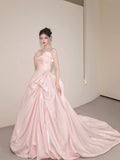 Pink Satin Long Prom Dress, Beautiful A-Line Strapless Evening Party Dress HZ0429