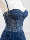 Blue Spaghetti Strap Tulle Sequins Long Prom Dress, Beautiful A-Line Evening Party Dress HZ0429