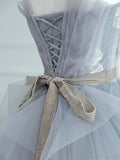 Gray Strapless Tulle Lace Long Prom Dress, A-Line Evening Party Dress HZ0429