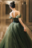 Beautiful Green Tulle Long Prom Dress, A-Line Off the Shoulder Graduation Dress HZ0429
