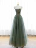 A-Line Green Tulle Long Prom Dress, Off the Shoulder Evening Party Dress HZ0429