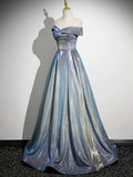 A-Line Gradient Blue Floor Length Prom Dress, Off the Shoulder Evening Party Dress HZ0429