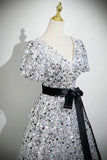 Silver Sequins Long Prom Dress, V-Neck Bow Sash Short Sleeve Backless Party Dress HZ0429
