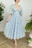 Blue V-Neck Tulle Lace Short Prom Dress, Cute Short Sleeve Party Dress HZ0429