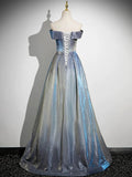 A-Line Gradient Blue Floor Length Prom Dress, Off the Shoulder Evening Party Dress HZ0429