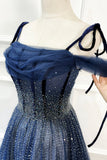 Blue Long Tulle Beaded Prom Dress, Blue Evening Party Dress HZ0429