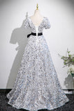 Silver Sequins Long Prom Dress, V-Neck Bow Sash Short Sleeve Backless Party Dress HZ0429