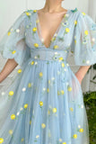 Blue V-Neck Tulle Lace Short Prom Dress, Cute Short Sleeve Party Dress HZ0429