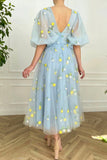 Blue V-Neck Tulle Lace Short Prom Dress, Cute Short Sleeve Party Dress HZ0429