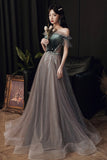 A-Line Tulle Off the Shoulder Prom Dresses, Gray Evening Dresses HZ0429
