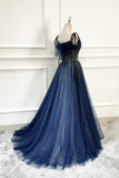 Blue Long Tulle Beaded Prom Dress, Blue Evening Party Dress HZ0429