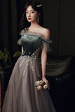 A-Line Tulle Off the Shoulder Prom Dresses, Gray Evening Dresses HZ0429
