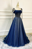 Blue Long Tulle Beaded Prom Dress, Blue Evening Party Dress HZ0429