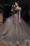 A-Line Tulle Off the Shoulder Prom Dresses, Gray Evening Dresses HZ0429
