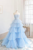 Blue Layers Tulle Long Prom Dresses, A-Line Strapless Evening Dresses HZ0429