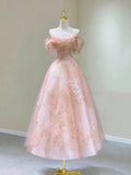 Pink Spaghetti Strap Tulle Lace Short Prom Dress, Cute A-Line Party Dress HZ0429