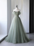 Beautiful Green Tulle Long Prom Dress, Off Shoulder Evening Dress HZ0429