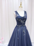 Blue Tulle Beaded Long Prom Dress, Blue Evening Party Dress HZ0429