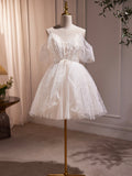 Ivory V-Neck Beaded Straps Party Dress, Ivory Knee Length Prom Dress HZ0429
