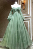 Green Tulle Long Sleeve Prom Dress, A-Line Off the Shoulder Evening Dress HZ0429