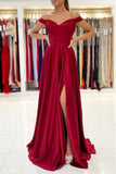 Burgundy Satin Long Prom Dresses, A-Line Off the Shoulder Evening Dresses HZ0429