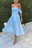 Blue Chiffon Off the Shoulder Short Prom Dress, A-Line Blue Homecoming Dress HZ0429