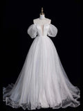 White Tulle Long Prom Dress, Off the Shoulder Short Sleeve Formal Evening Dress HZ0429