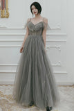Gray Tulle Sequins Long Prom Dresses, A-Line Evening Dresses HZ0429