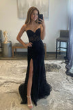 Black Lace Long Prom Dress with Slit, Black Strapless Evening Party Dress HZ0429