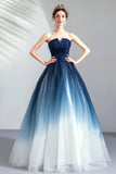 Blue Gradient Tulle Long Party Dresses, A-Line Elegant Lace-Up Prom Dresses HZ0429