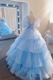Sky Blue Fairy Tulle Long Ball Gown, Beautiful Short Puff Sleeve Formal Dress HZ0429