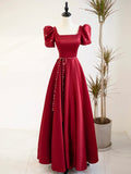 Burgundy Satin Short Sleeve Floor Length Prom Dress, Burgundy Evening Dress with Pearls HZ0429