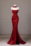 Burgundy Satin Long Prom Dress, Mermaid Backless Evening Party Dress with Slit HZ0429