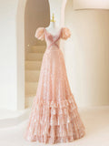 Pink Sequins Long Prom Dress, Lovely A-Line Short Sleeve Evening Party Dress HZ0429