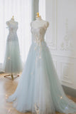 Blue Tulle Lace Long Prom Dress, A-Line Strapless Evening Dress HZ0429