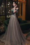 A-Line Tulle Off the Shoulder Prom Dresses, Gray Evening Dresses HZ0429