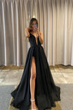 Black Chiffon Beaded Long Prom Dress, V-Neck Backless Evening Party Dress HZ0429
