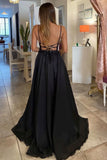Black Chiffon Beaded Long Prom Dress, V-Neck Backless Evening Party Dress HZ0429