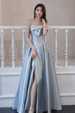 Blue Satin Long Prom Dress, A-Line Evening Dress with Slit HZ0429
