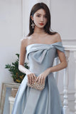 Blue Satin Long Prom Dress, A-Line Evening Dress with Slit HZ0429