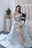 Blue Satin Long Prom Dress, A-Line Evening Dress with Slit HZ0429