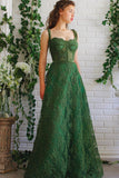 Green Spaghetti Lace Long Formal Dress, A-Line Green Prom Dress HZ0429