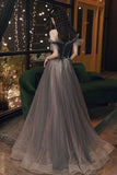 A-Line Tulle Off the Shoulder Prom Dresses, Gray Evening Dresses HZ0429