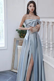 Blue Satin Long Prom Dress, A-Line Evening Dress with Slit HZ0429