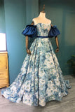 Blue Floral Long Senior Prom Dress, Blue A-Line Evening Dress HZ0429