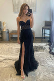 Black Lace Long Prom Dress with Slit, Black Strapless Evening Party Dress HZ0429