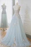Blue Tulle Lace Long Prom Dress, A-Line Strapless Evening Dress HZ0429
